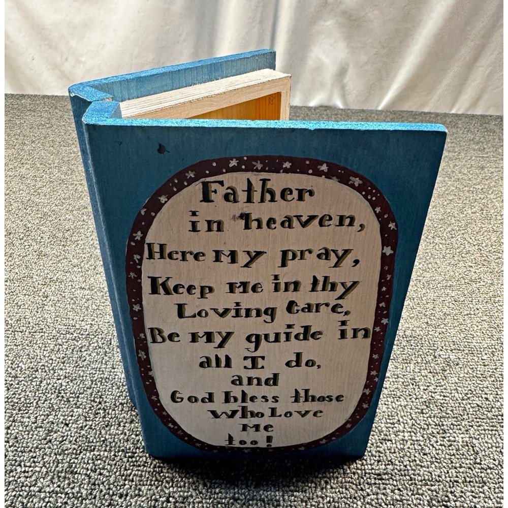 Blue Wood Hinged Book-Style Keepsake Box Prayer Text "Father in Heaven"